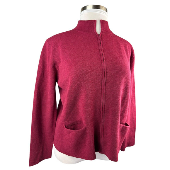 Eileen Fisher 100% Wool Full Zip Cardigan Sweater Jacket Red Burgundy Medium - Picture 12 of 13